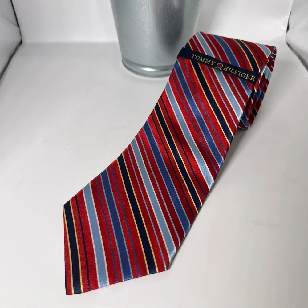 Tommy Hilfiger Men’s Silk Tie Red, Navy, Light Blue, Silver Stripe & Houndstooth